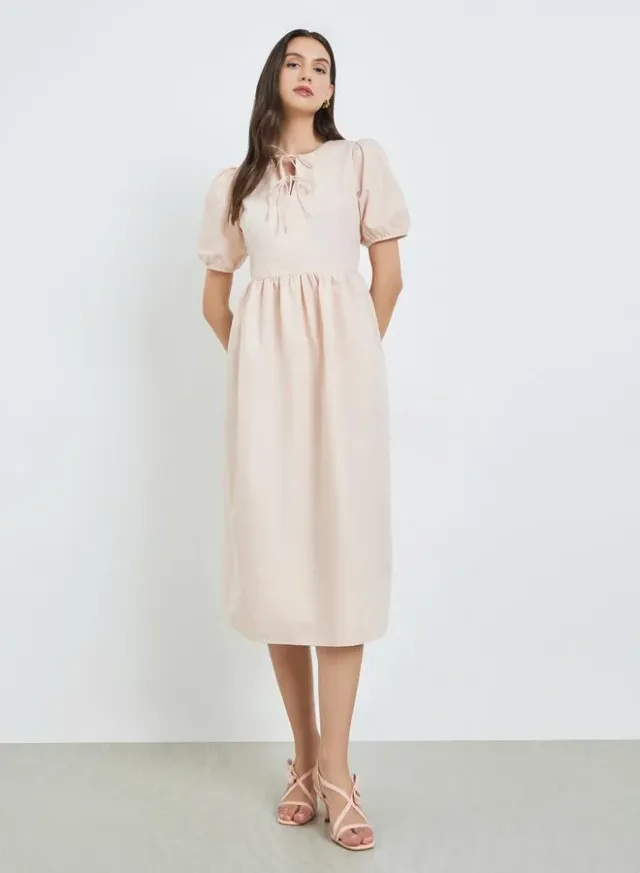 Puff Sleeve Tie-Up Neck Midi Dress, Beige – image 3