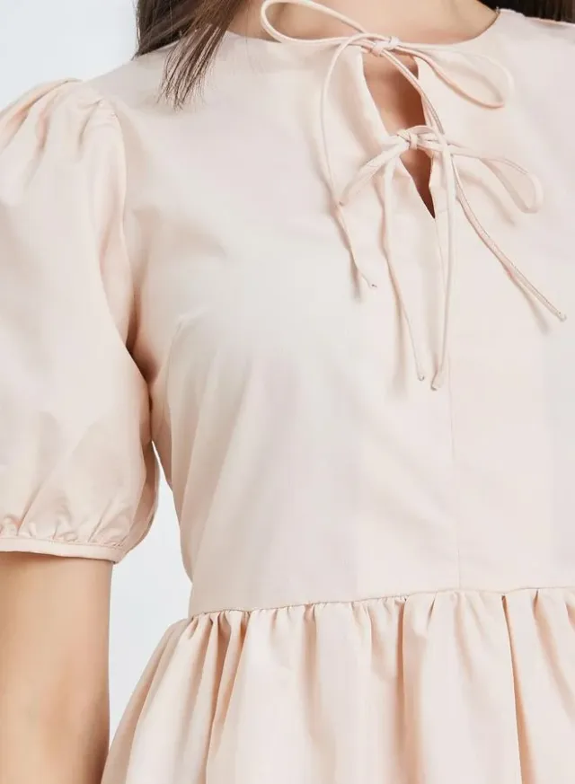 Puff Sleeve Tie-Up Neck Midi Dress, Beige – image 4