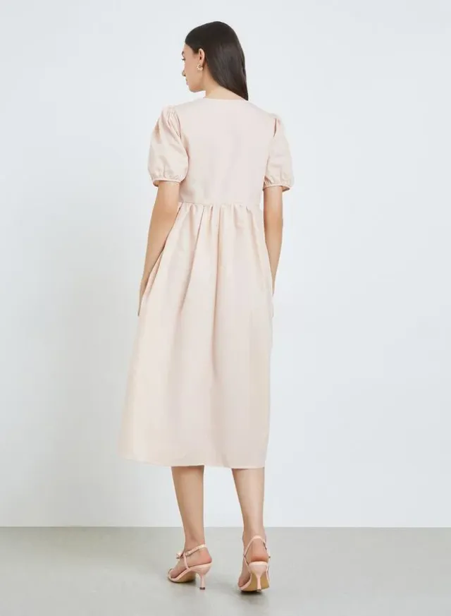 Puff Sleeve Tie-Up Neck Midi Dress, Beige – image 5