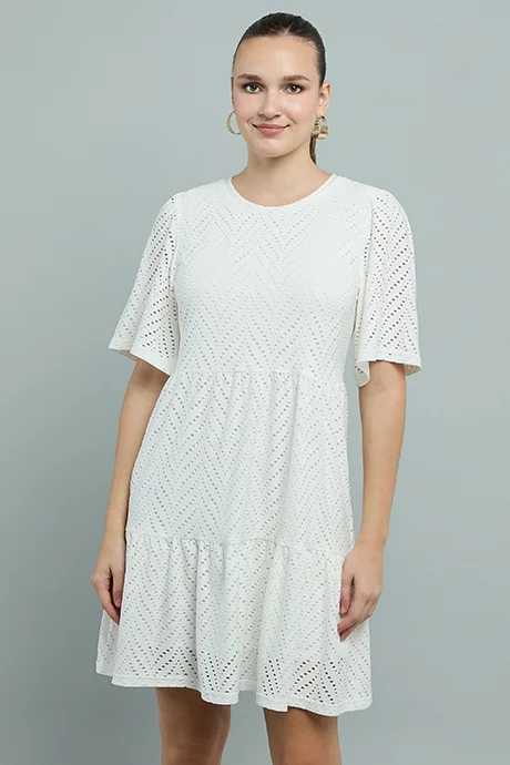 Schiffli Tiered Short Sleeve Crew Neck Dress