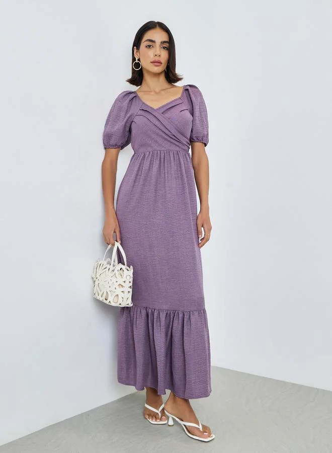 Pleated Puff Sleeve A-Line Maxi Dress Lilac