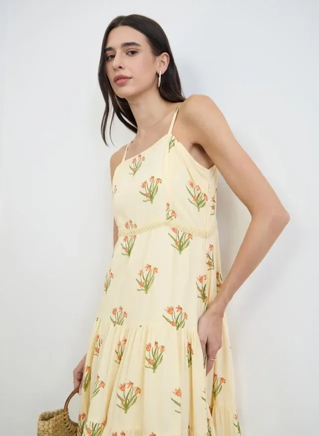 Floral Strappy Tiered Midi Dress Yellow