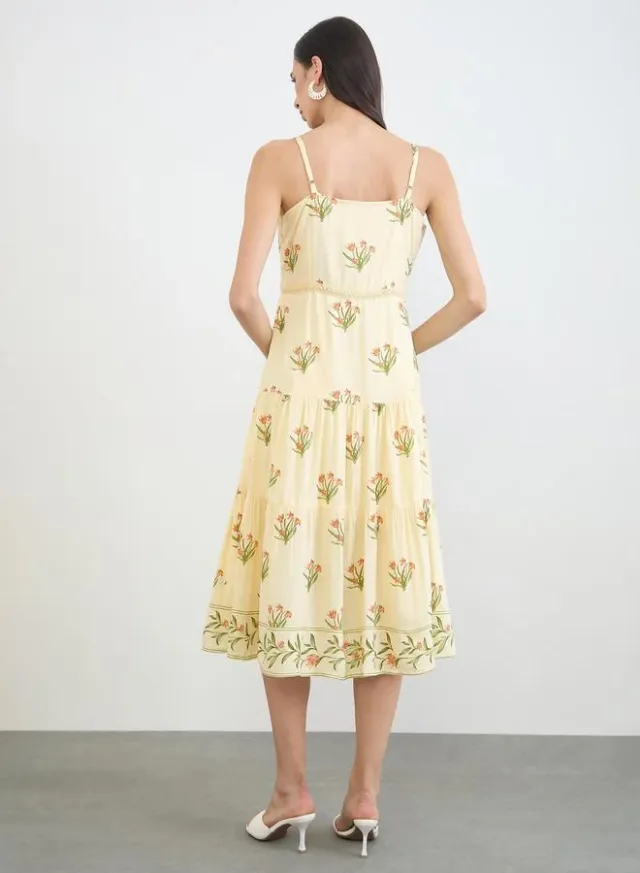 Floral Strappy Tiered Midi Dress Yellow – image 5
