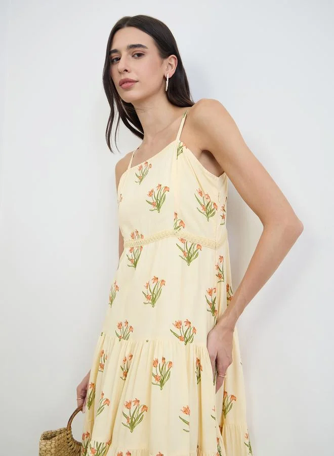 Floral Strappy Tiered Midi Dress Yellow