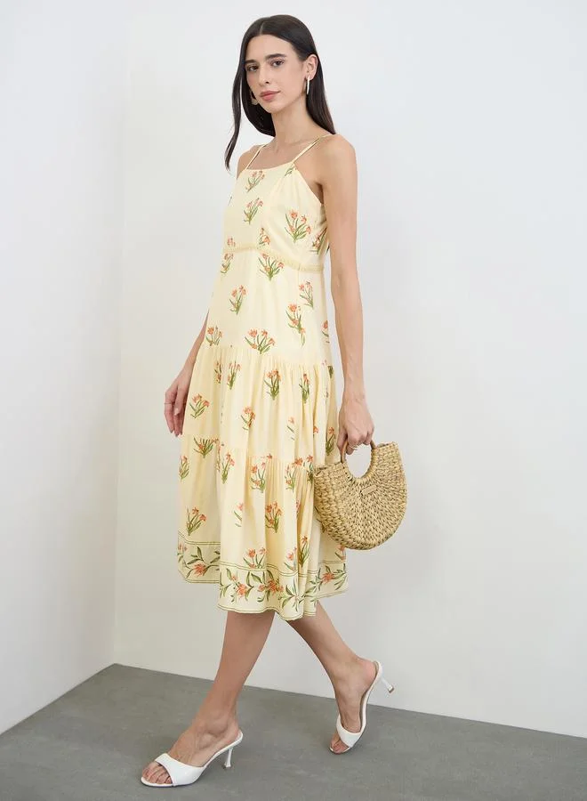 Floral Strappy Tiered Midi Dress Yellow