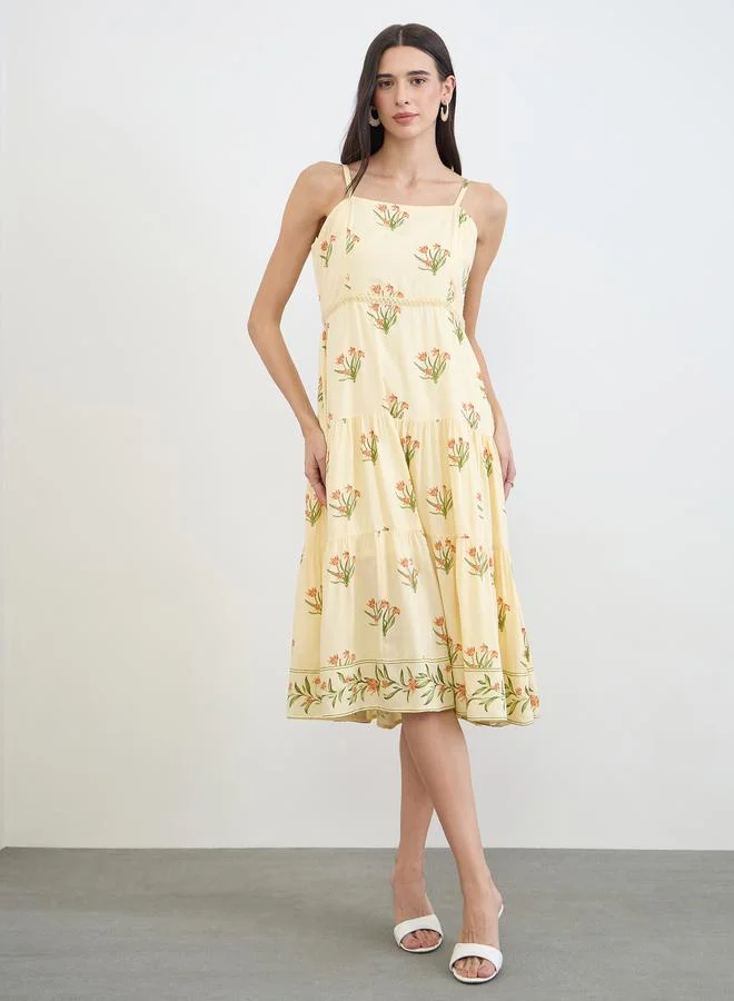 Floral Strappy Tiered Midi Dress Yellow
