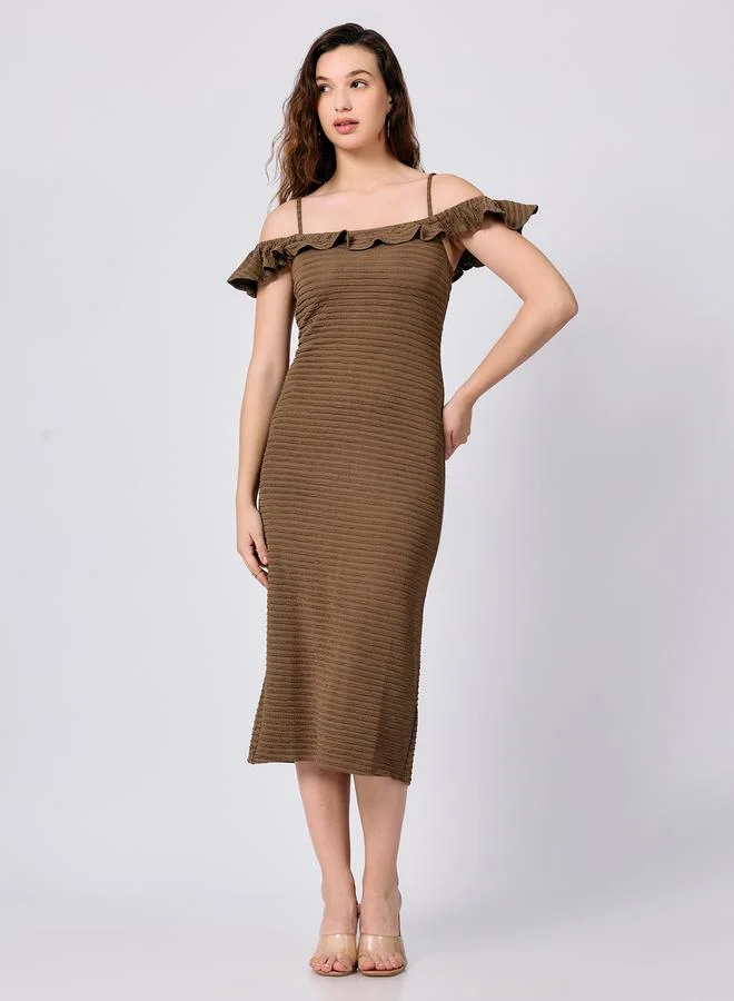 Midi Textured Ruffle Dress Olive