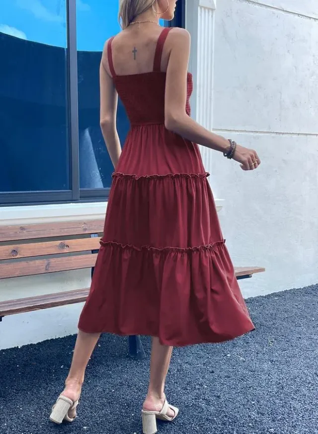 Smocked Strappy Tiered Midi Dress, Burgundy – image 2