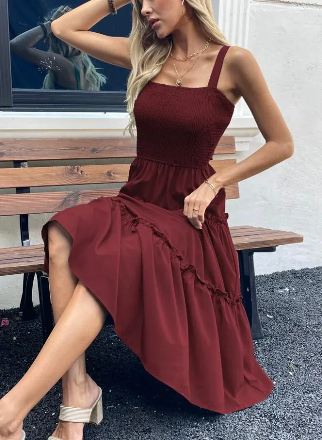Smocked Strappy Tiered Midi Dress, Burgundy – image 4