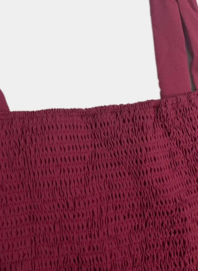 Smocked Strappy Tiered Midi Dress, Burgundy – image 5