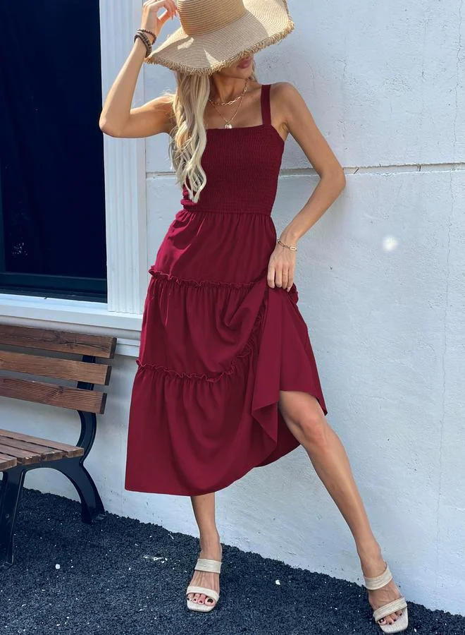 Smocked Strappy Tiered Midi Dress, Burgundy