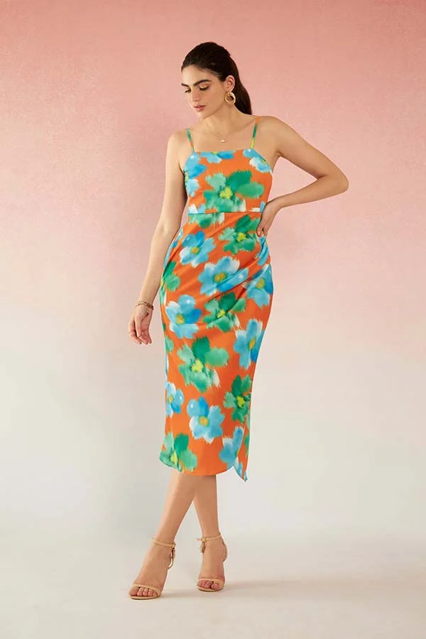 Satin Strappy Floral Dress