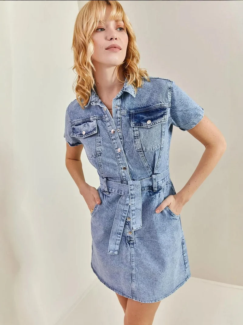 LUCCI Mini Denim Collared Belted Dress