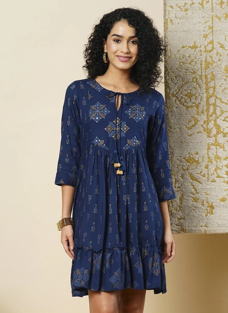 Women's Printed Tie-Up Neck Fit & Flare Mini Ethnic Dress