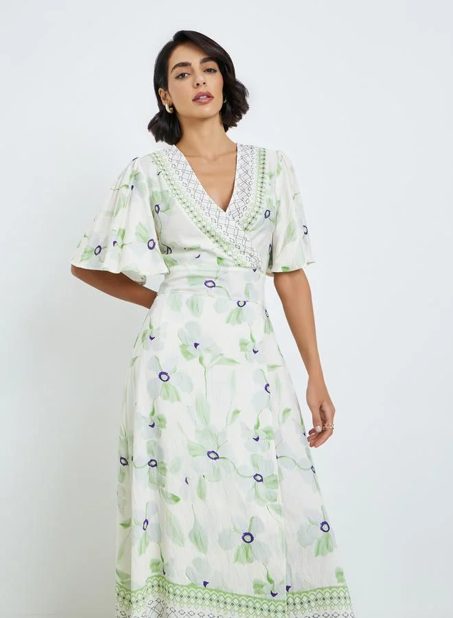 Women's Floral Print Puff Sleeve Maxi Dress Green