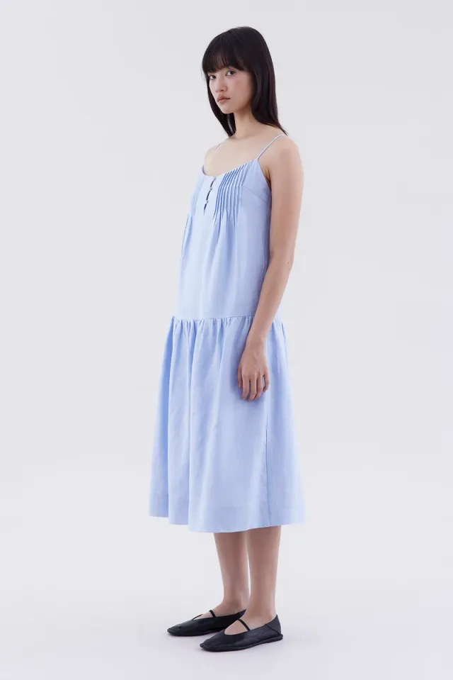 Sky Blue Linen Midi Drop-Waist Dress - Square Neck, Sleeveless – image 4