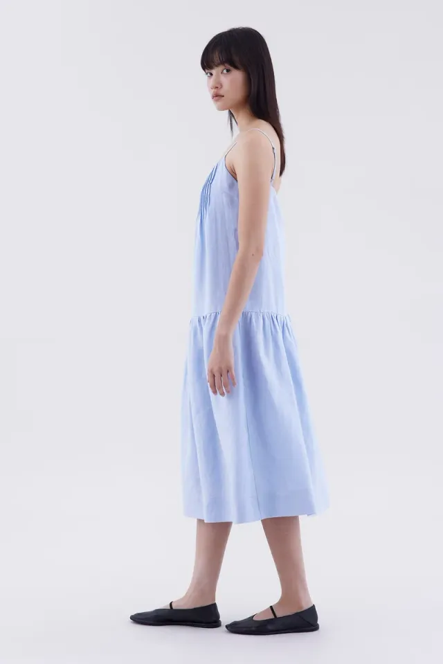 Sky Blue Linen Midi Drop-Waist Dress - Square Neck, Sleeveless – image 5