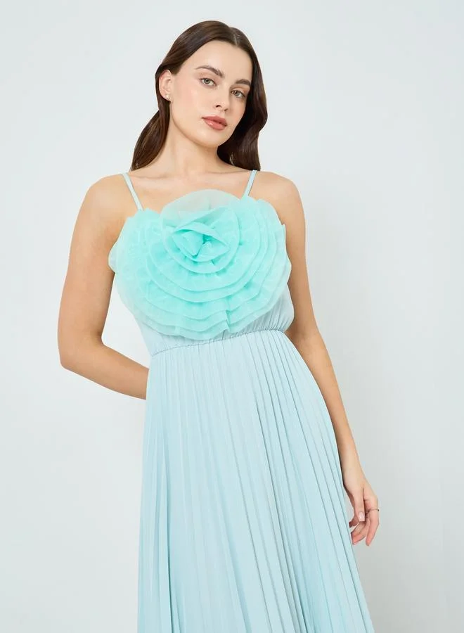 Women Sleeveless Floral Print Maxi Dress Turquoise