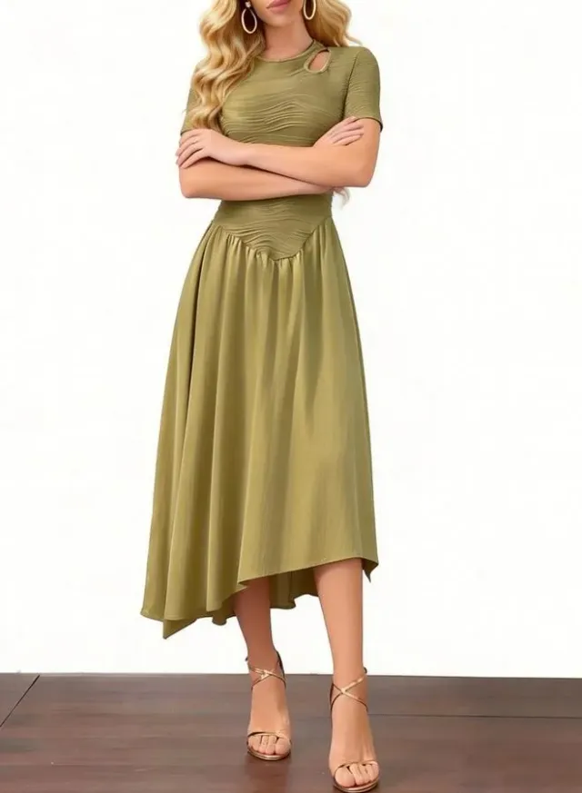 Textured Cutout Midi Dress Olive – image 4