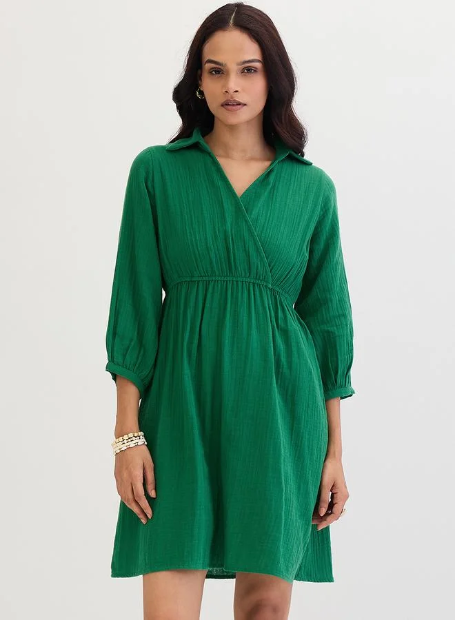 Femmella Open Collar Wrap Front Mini Dress Green