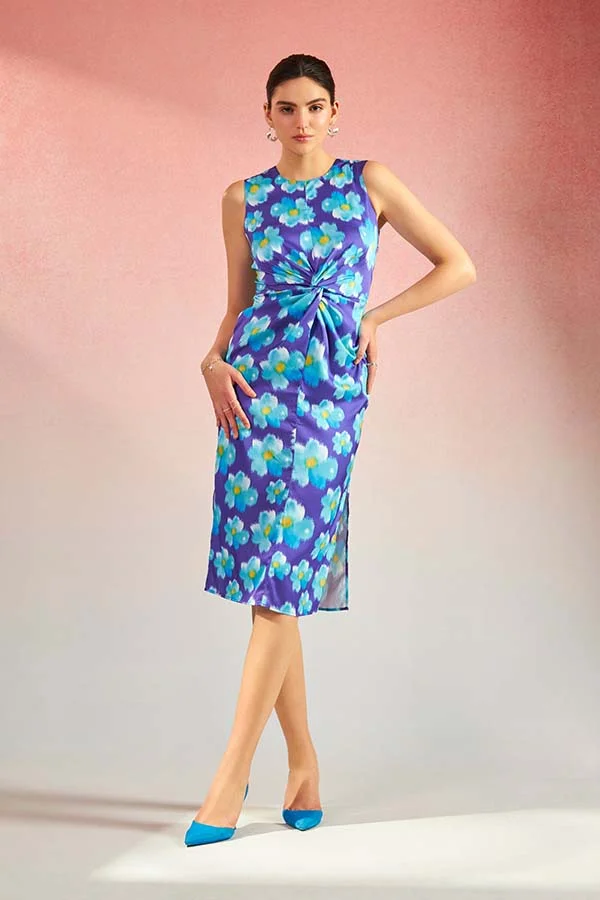 Satin Knot Detail Midi Dress