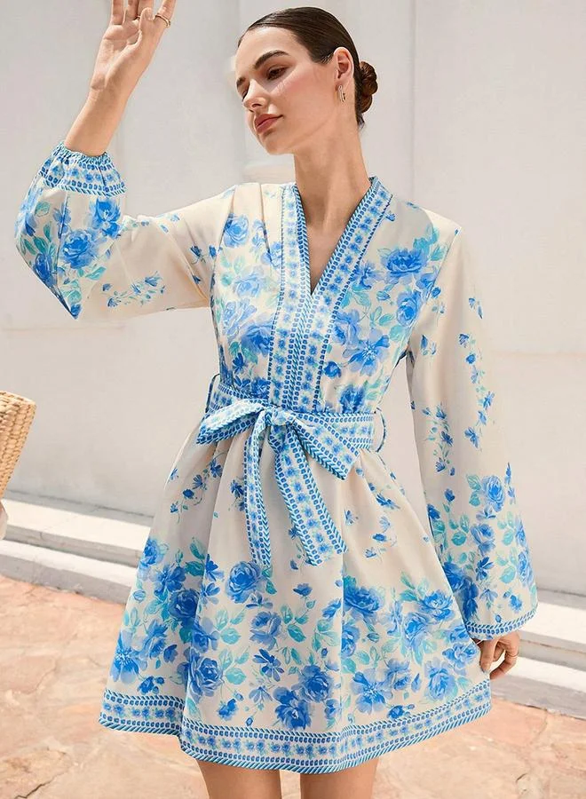 Women's Floral Printed Belted Lantern Sleeve Mini Dress