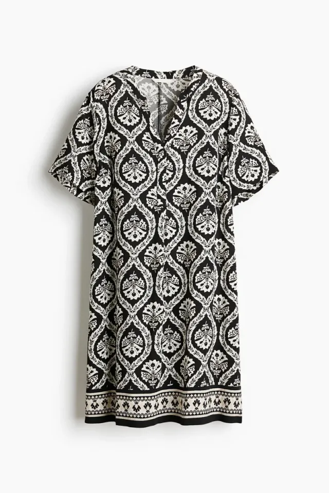 Black Printed V-Neck Short-Sleeve Viscose Midi Dress – image 5
