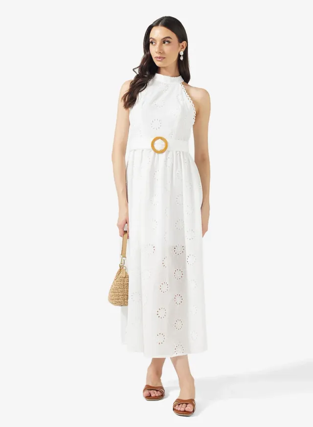 White Halter Neck Embroidered Shiffli Midi Dress (Fit & Flare) – image 4