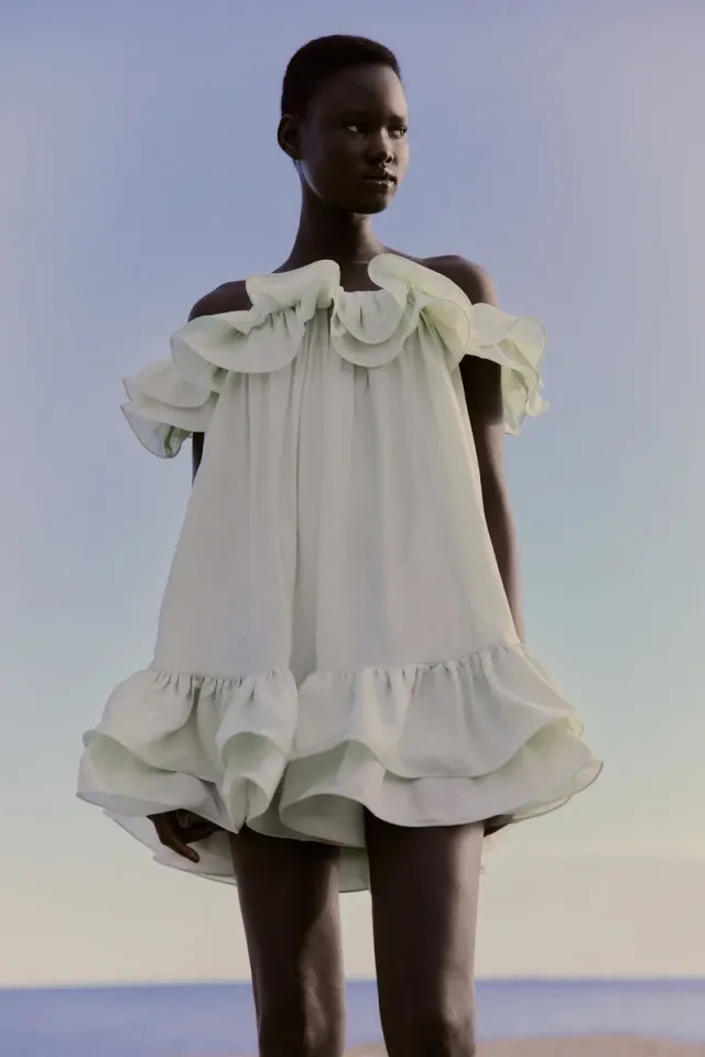 Green Dusty Light Mini Off-Shoulder Ruffled Dress – image 3