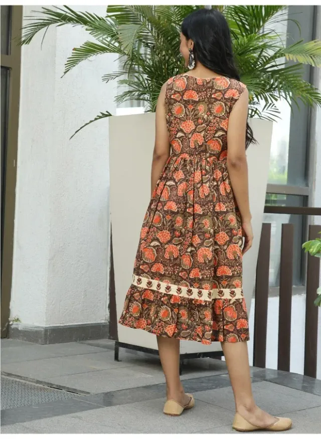 Floral Print Midi Dress Brown – image 4