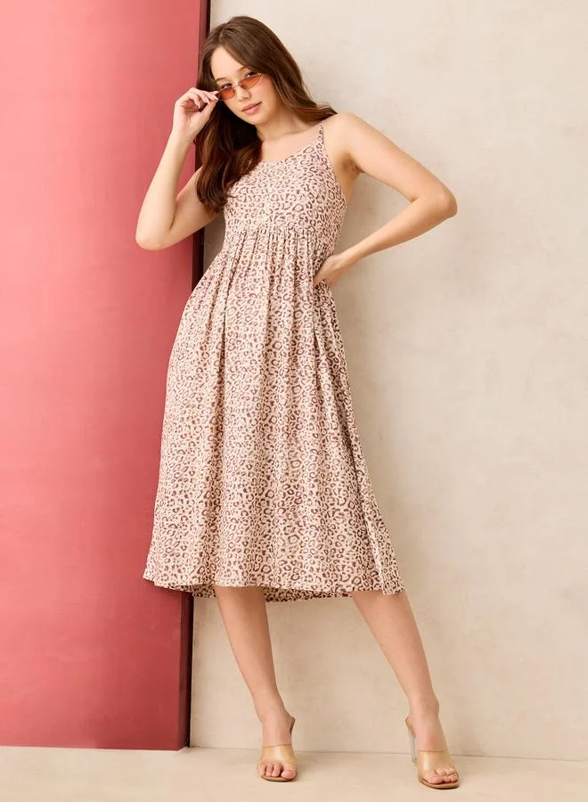 Animal Print Strappy Midi Dress Brown