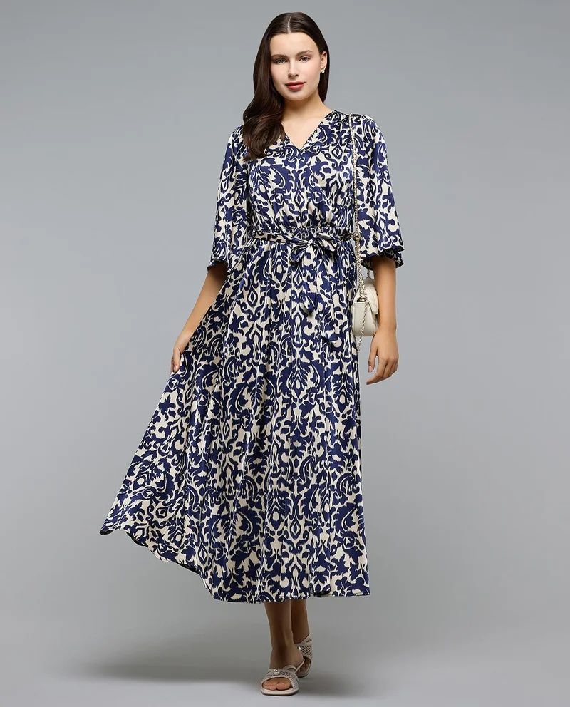 Patterned V-Neck Flutter Sleeve Maxi Dress