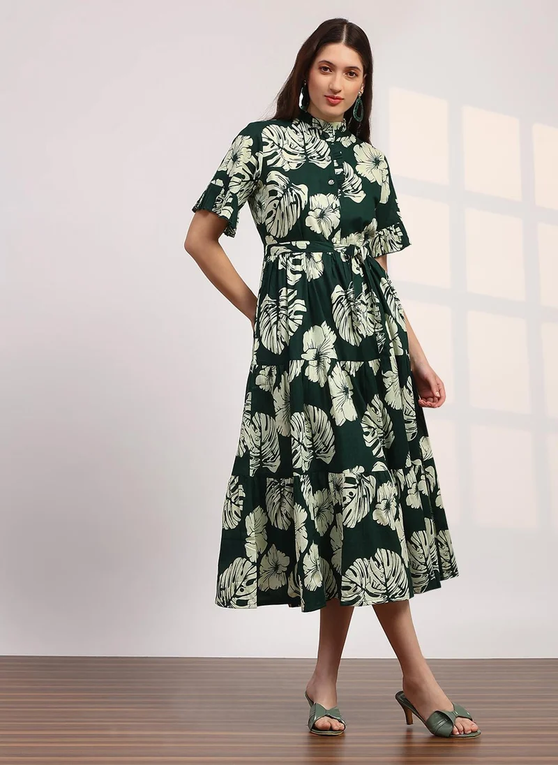 Women's Tiered Floral Print Belted Ethnic Dress Dark Green