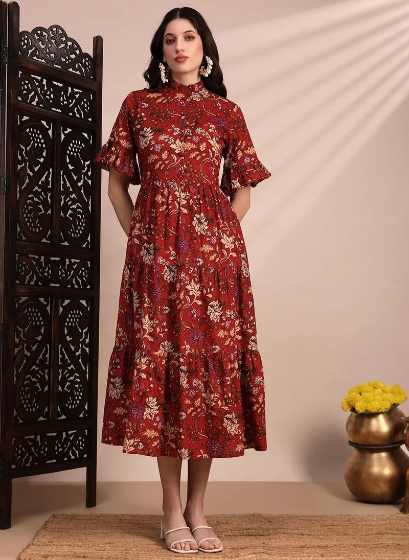 Women's Tiered Floral Print Belted Ethnic Dress Dark Green