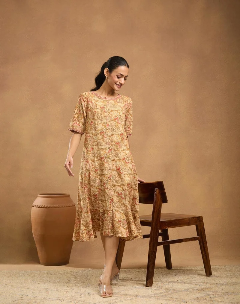 Cotton Kalamkari Printed Midi Dress, Beige