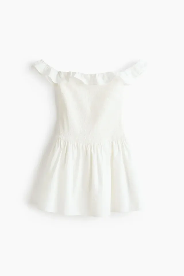 White Mini Smocked Off-the-Shoulder Dress (Cotton, Sleeveless) – image 4
