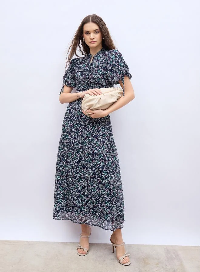 Floral Print Balloon Sleeve Ruched A-Line Maxi Dress