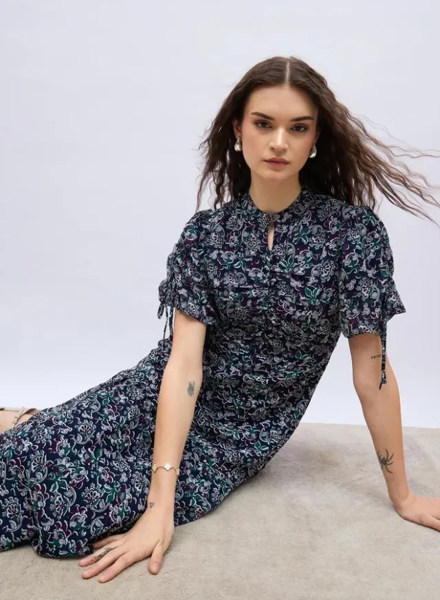 Floral Print Balloon Sleeve Ruched A-Line Maxi Dress – image 6