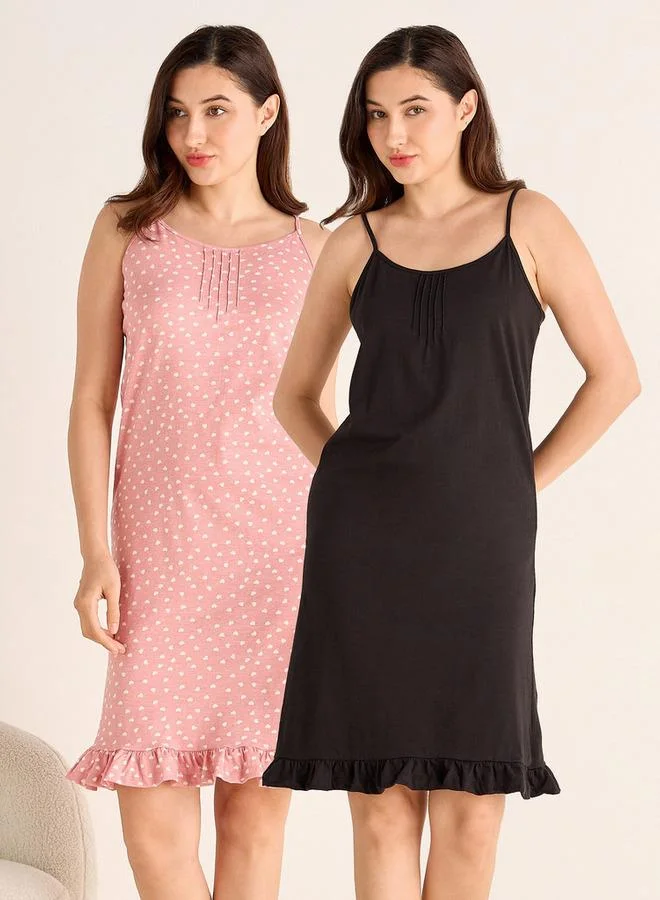 2-Pack Cotton Strappy Ruffle Hem Midi Slip Dress