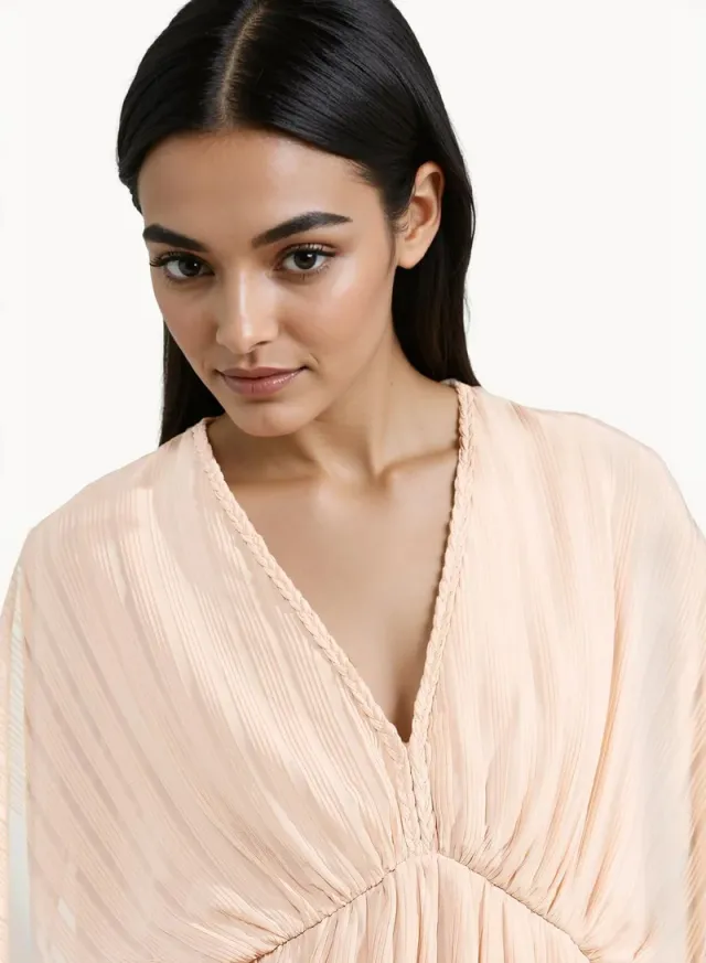 Light Peach Mini V-Neck Short Sleeve Dress (Viscose Blend) – image 5