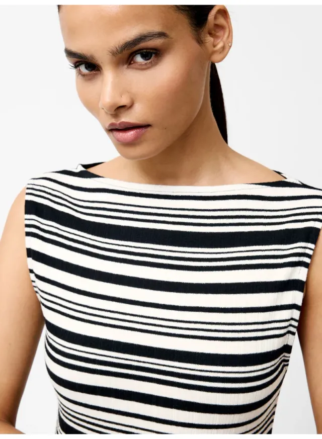 Black and White Striped Midi Dress, High Neck, Sleeveless, Slim Fit – image 5