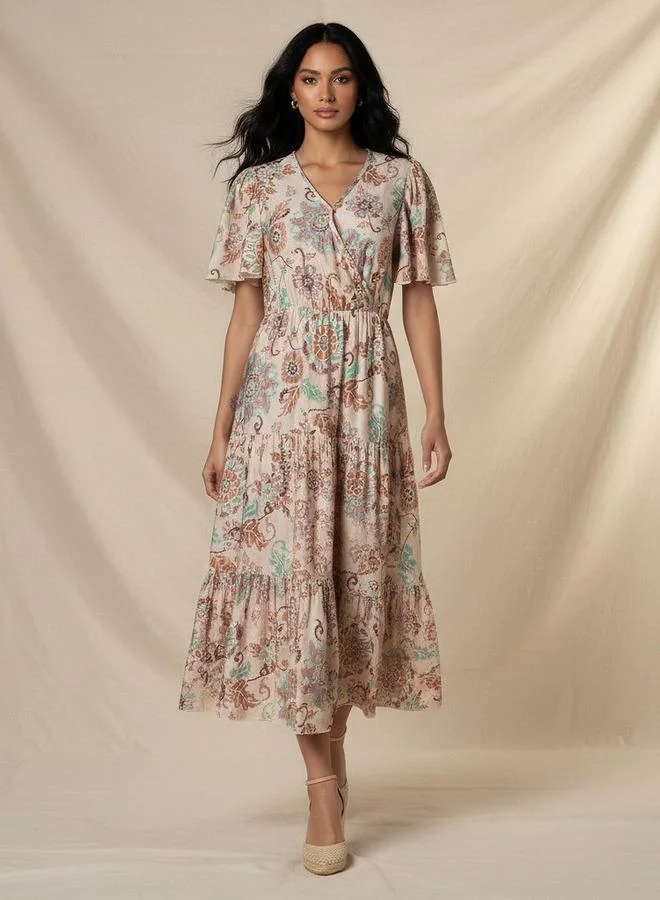 Tiered Midi Viscose Wrap Dress Floral Print