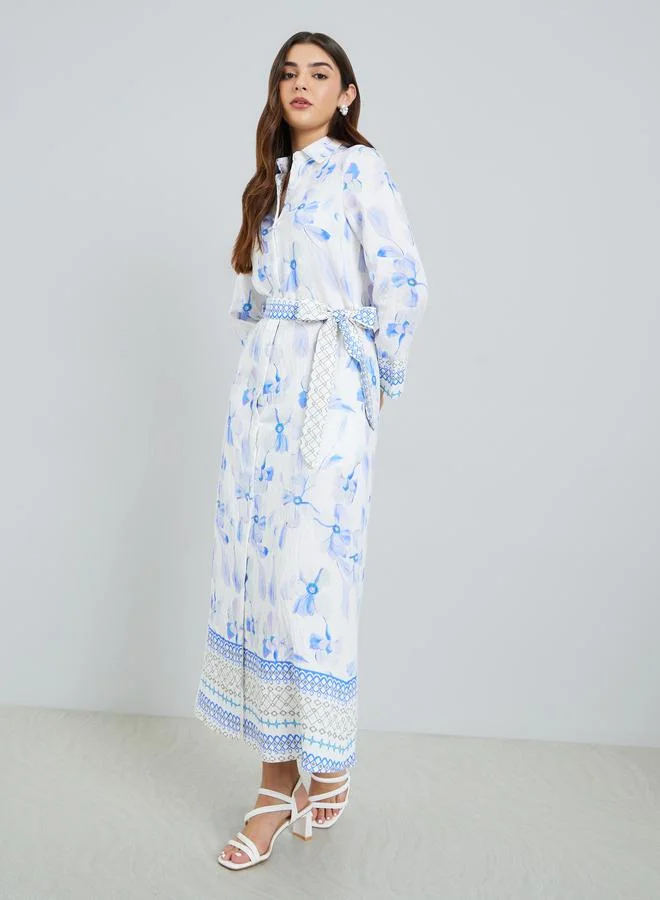 Women Floral Collared A-Line Maxi Dress Blue