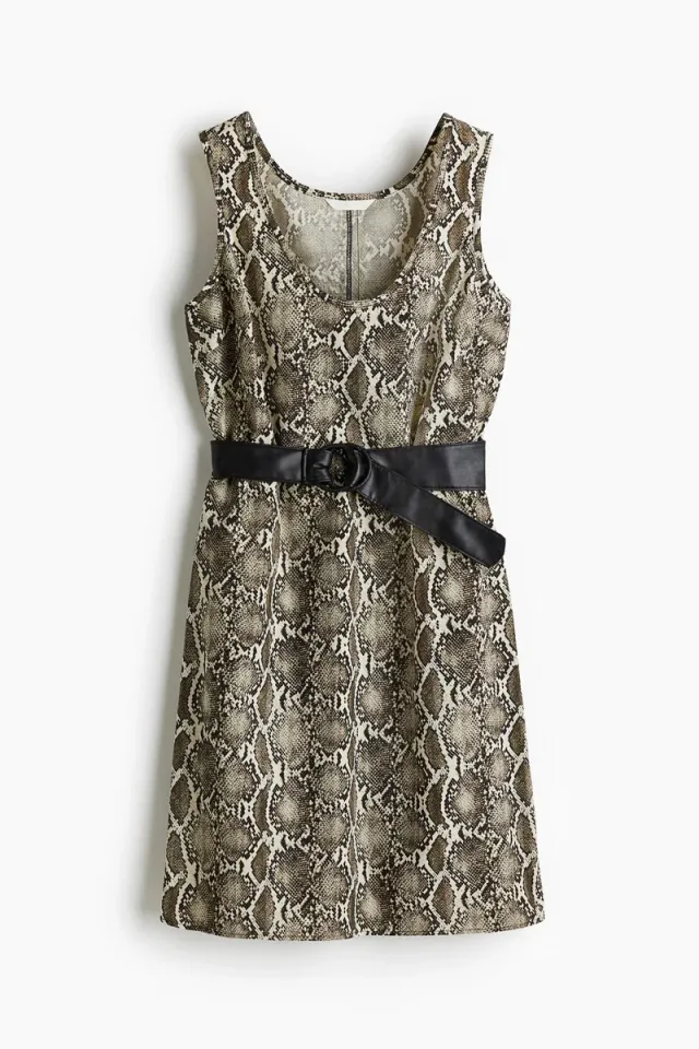 Beige Printed Shift Dress with Detachable Belt, Sleeveless, Scoop Neckline – image 4