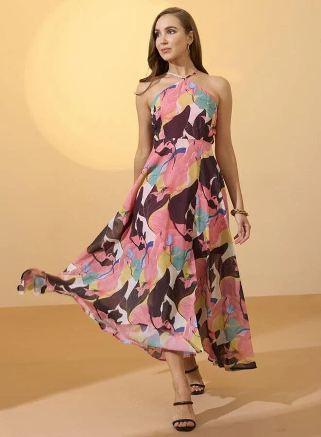 Abstract Print Halter Neck A-Line Maxi Dress