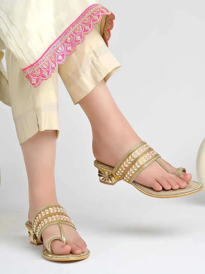 Women's Elegant Shimmery Block Heel Slip-On Sandals, Golden