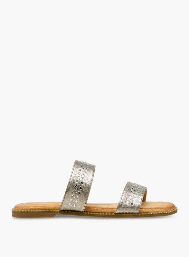 Women's Gold PU Studded Two-Strap Flat Slide Sandals – image 2