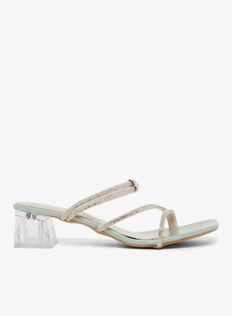 Rhinestone Strap Block Heel Sandals Green