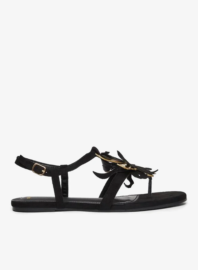 Flat Sandals Floral Detail Black