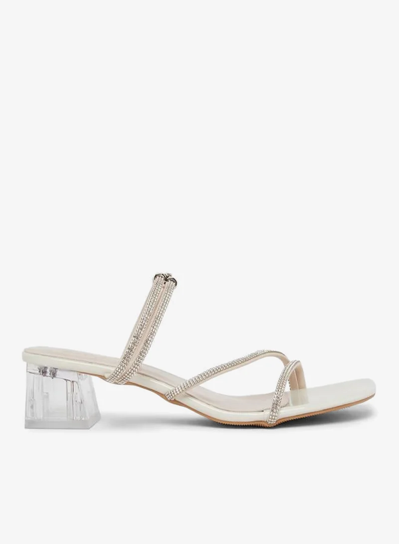 Rhinestone Block Heel Sandals Beige